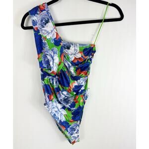 Zara Womens One Shoulder Bodysuit Green Blue Multicolor Flowers Small